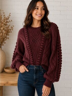 Anthropologie Maroon Bobble Cable-Knit Crewneck Sweater Chunky Cozy Size M
